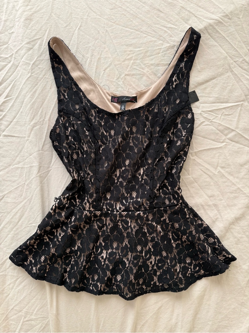 HeartSoul Black Lace Peplum Camisole with Nude Lining